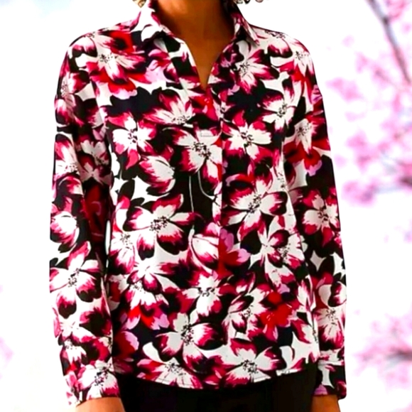 Rafaella Woven Top Relaxed Fit Size M Floral Long Sleeve Pink Black White - Picture 9 of 9